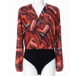 Story On Abstract Wrap Bodysuit Red Black Career Night Out Sz L  Artsy Abstract